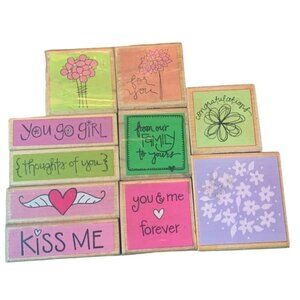 Wooden Rubber Stamps Set Fun Craft Designs Floral Heart Sentiments